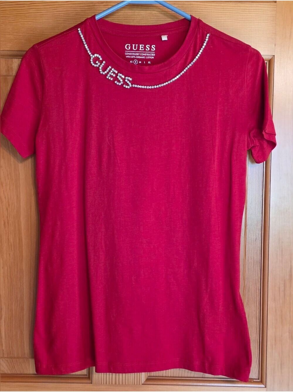 GUESS Red Short Sleeve Crewneck Tee with Crystal Logo